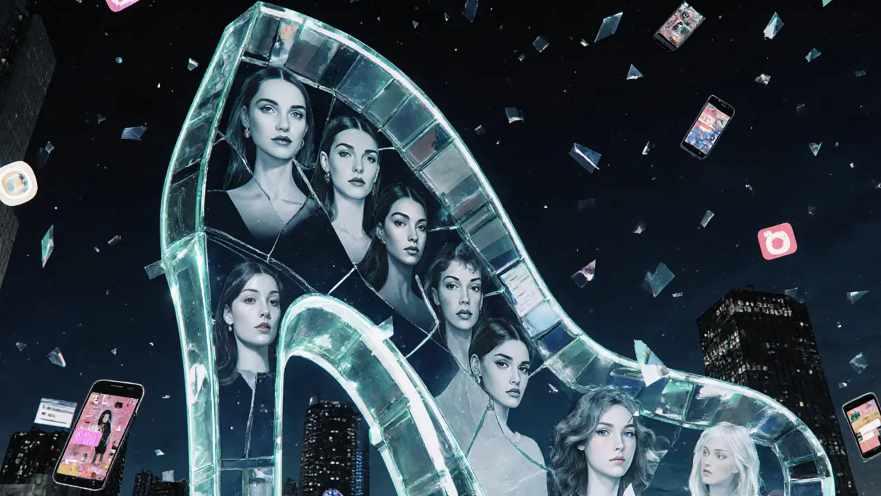 A glass high heel monument engraved with supermodels&#039; faces, reflecting modern social media influencers in the background.