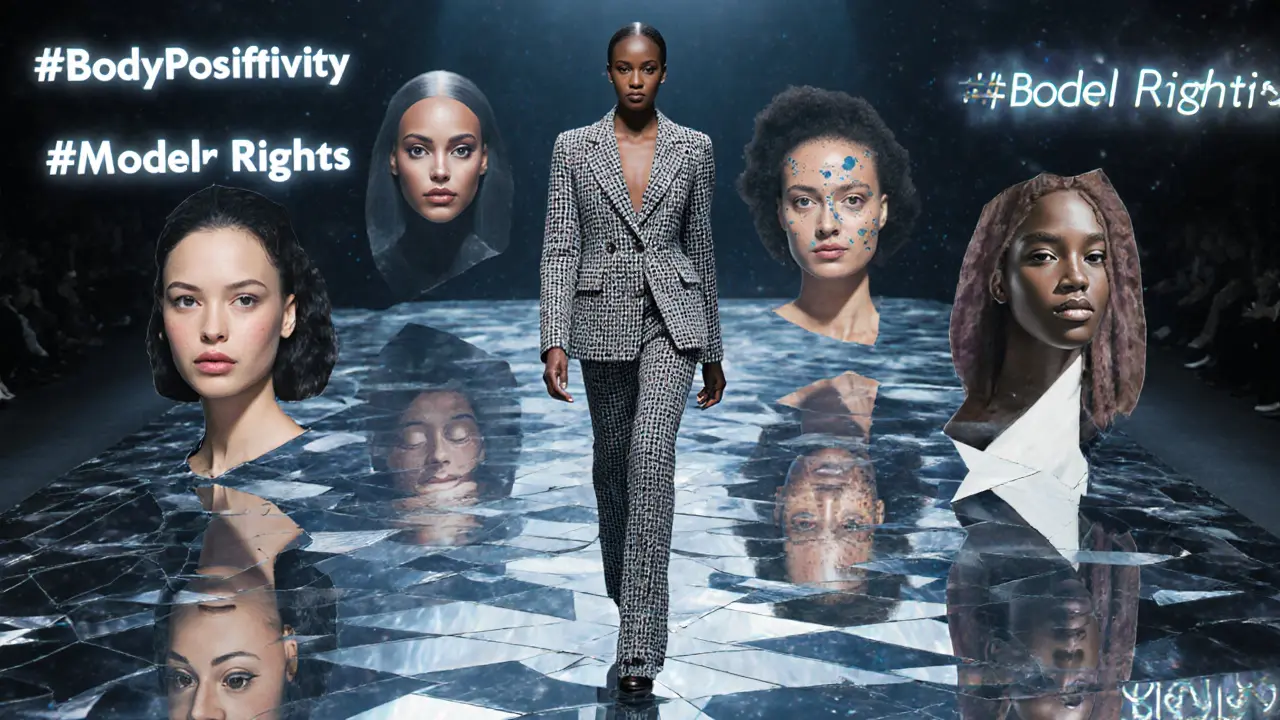 A modern Black model walks a mirror runway reflecting diverse beauty, wearing Chanel, with fading 90s silhouettes behind her.
