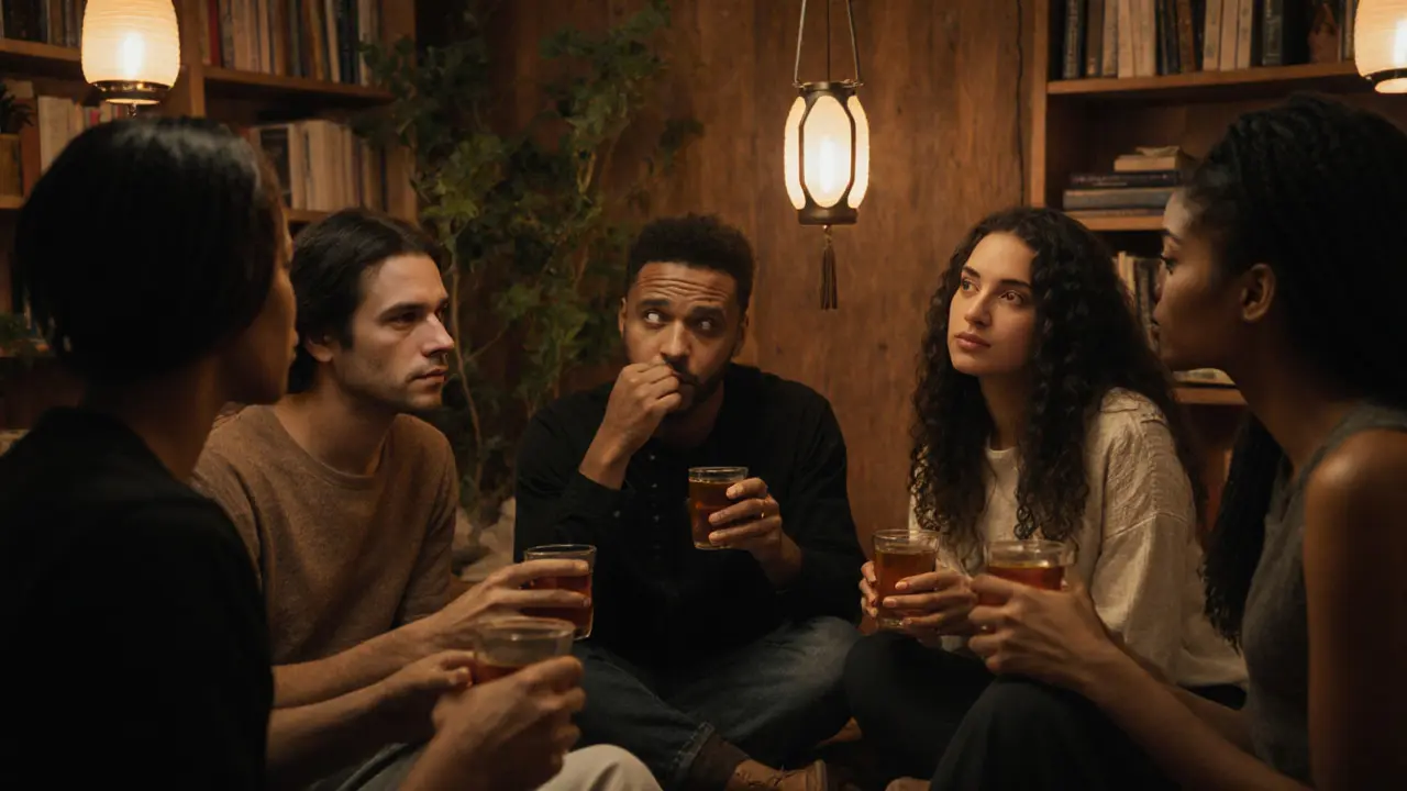 A quiet circle of people sipping tea after a dance session, faces peaceful, lantern light glowing softly on their expressions.