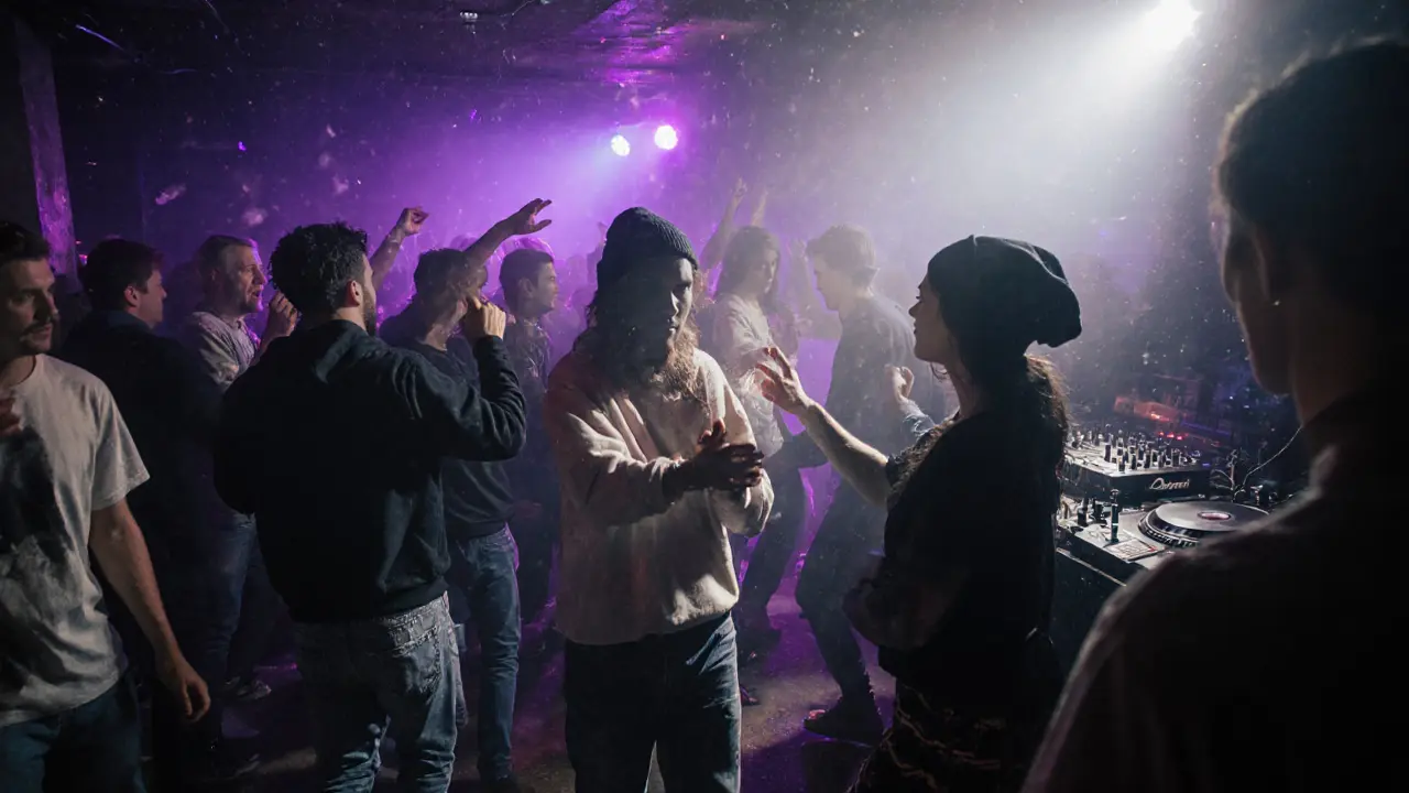 A raw underground club in Maxvorstadt at dawn, crowd dancing in casual clothes under strobe lights and fog.