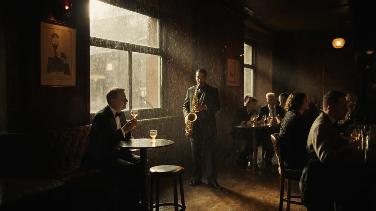 A smoky jazz lounge in Munich with a saxophonist playing under a spotlight, patrons sipping whiskey in quiet elegance.