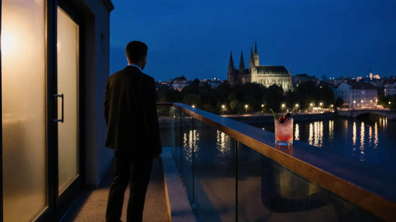 A solitary figure on a rooftop terrace overlooking Munich’s Frauenkirche at night, city lights glowing in the distance.