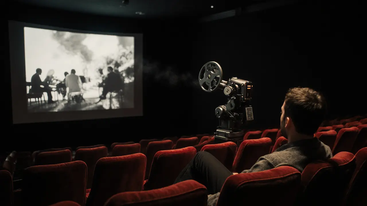 A solitary patron watches a classic film in a quiet adult theater, bathed in the glow of a vintage projector.