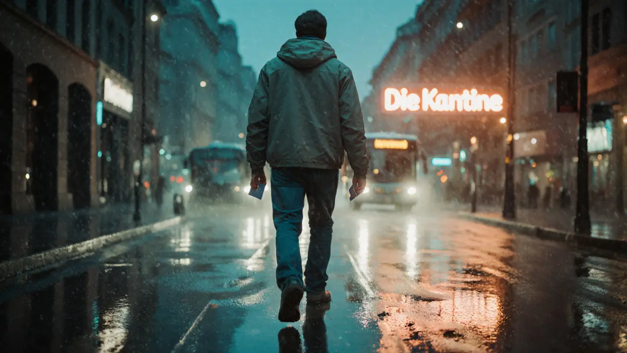 A solitary traveler walking down a rainy Munich street at night, drawn by the sound of music from a nearby venue.