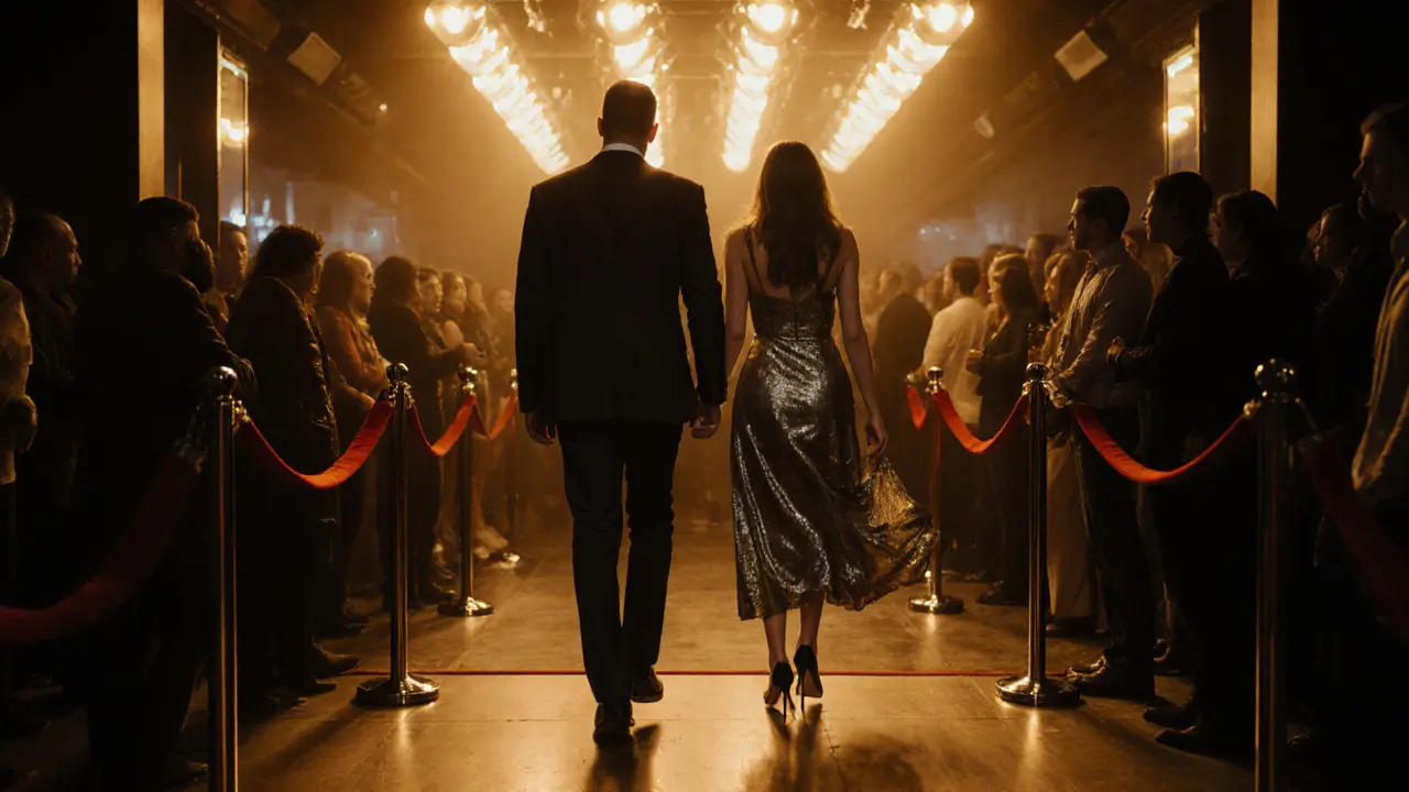 A stylish couple passes through the velvet rope into Pacha Munich&#039;s VIP zone, leaving behind a long line of waiting guests.