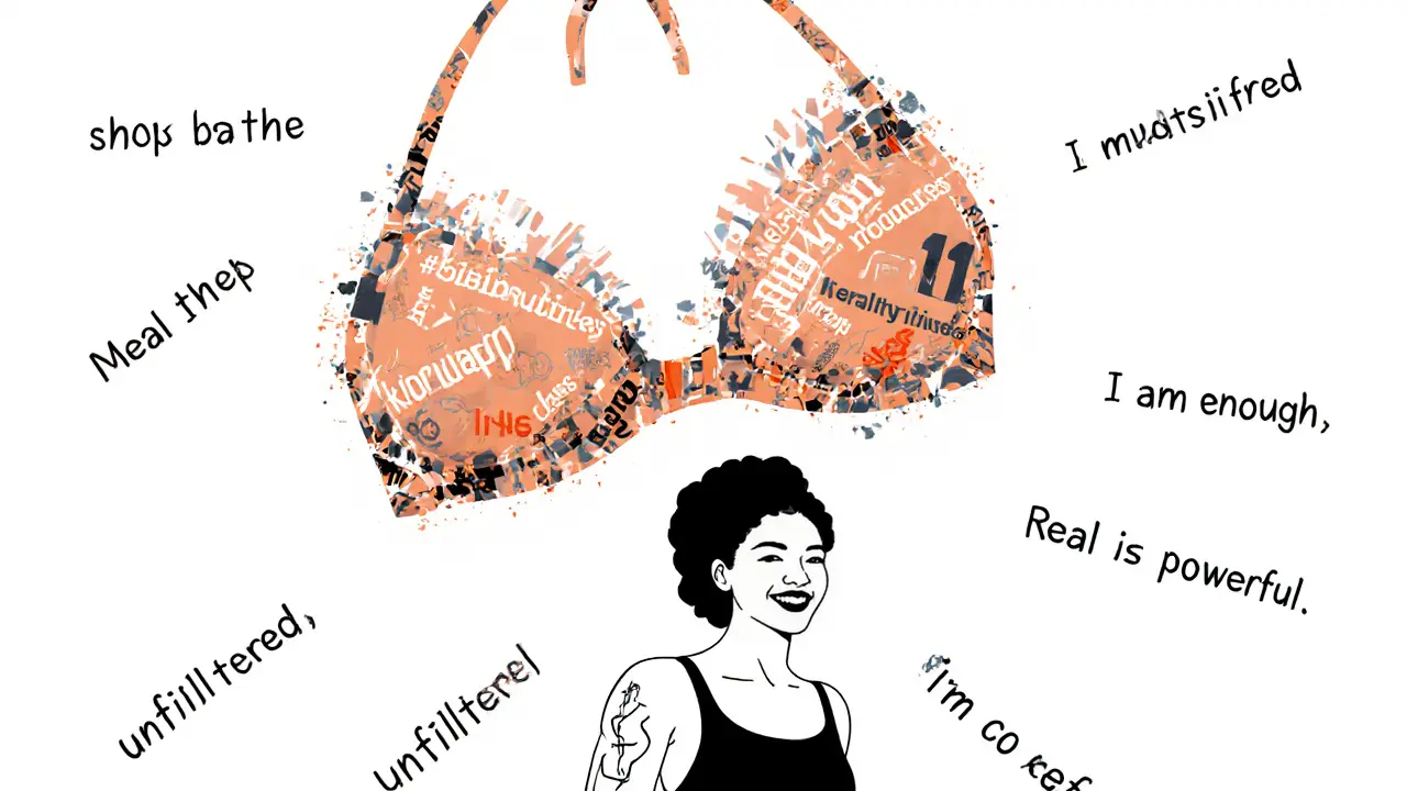 A transparent bikini dissolving into empowering messages above a confident, unfiltered woman.