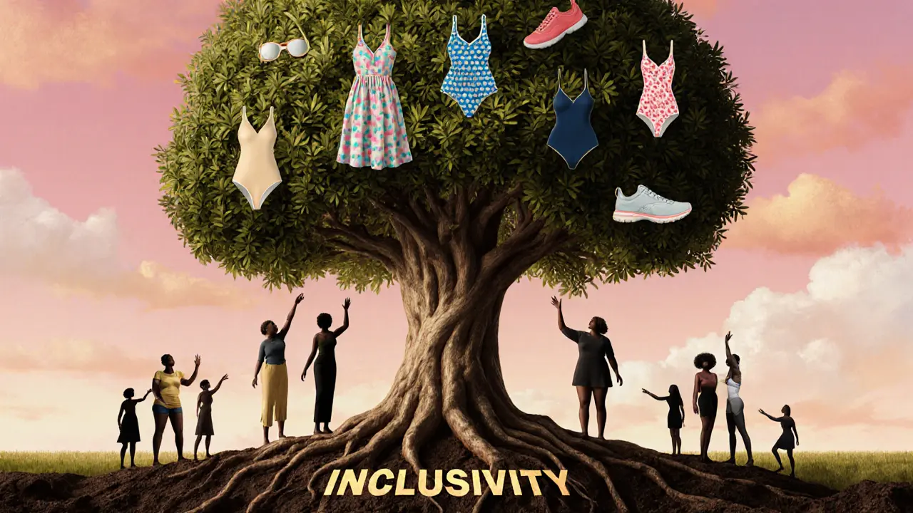 A tree-shaped human body with clothing growing from its branches, symbolizing inclusivity and natural beauty.