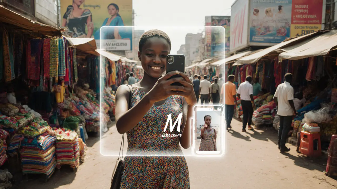 A young woman in Lagos taking a selfie that appears on global billboards and social media feeds.