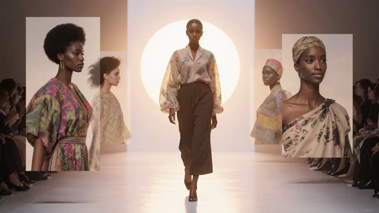 Adut Akech walking a runway surrounded by floating portraits of diverse models under glowing light.