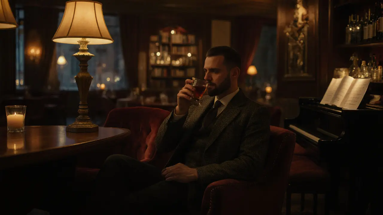 An elegant candlelit lounge in Lehel, a man sipping a cocktail while a jazz pianist plays softly in the background.