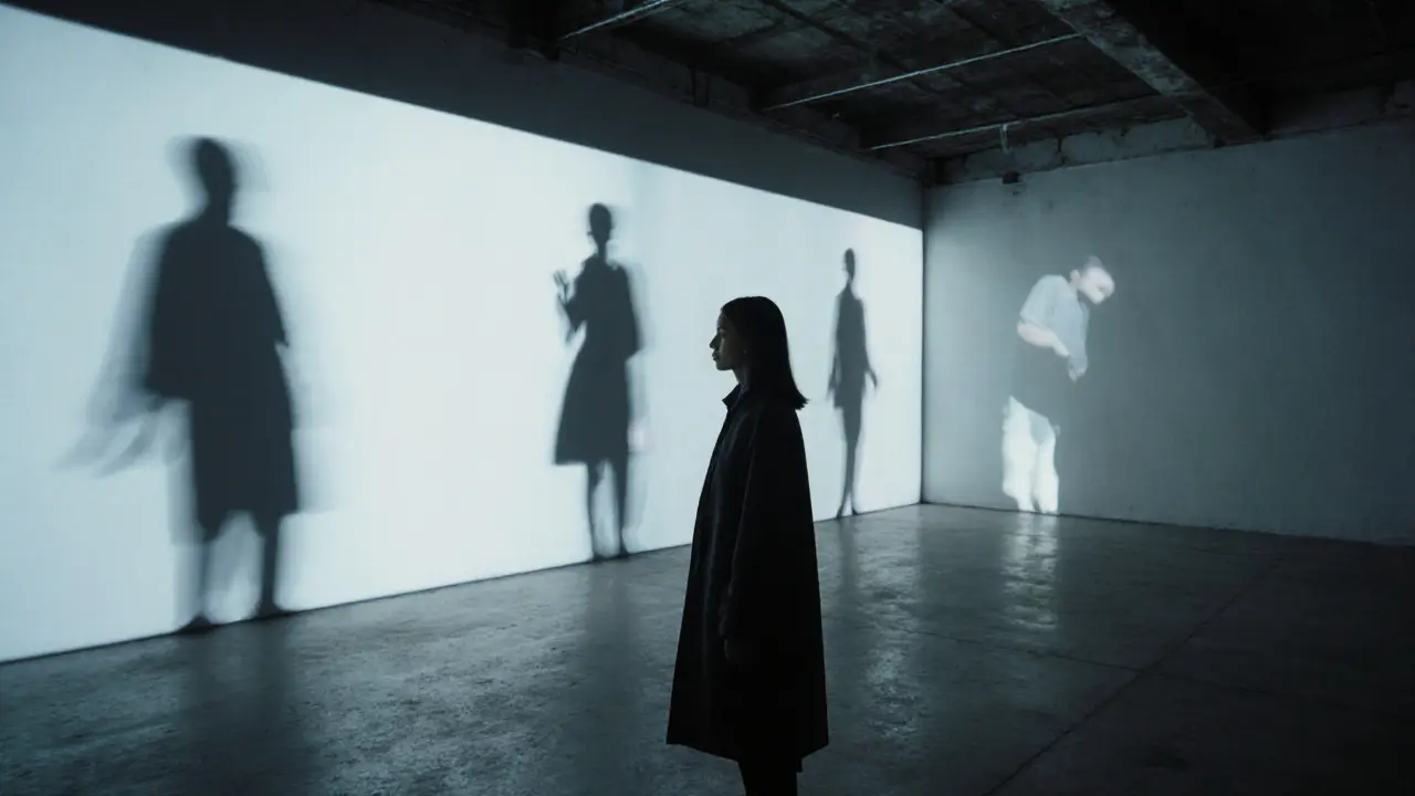 An experimental art space with moving projections of silhouetted bodies and whispered sounds.