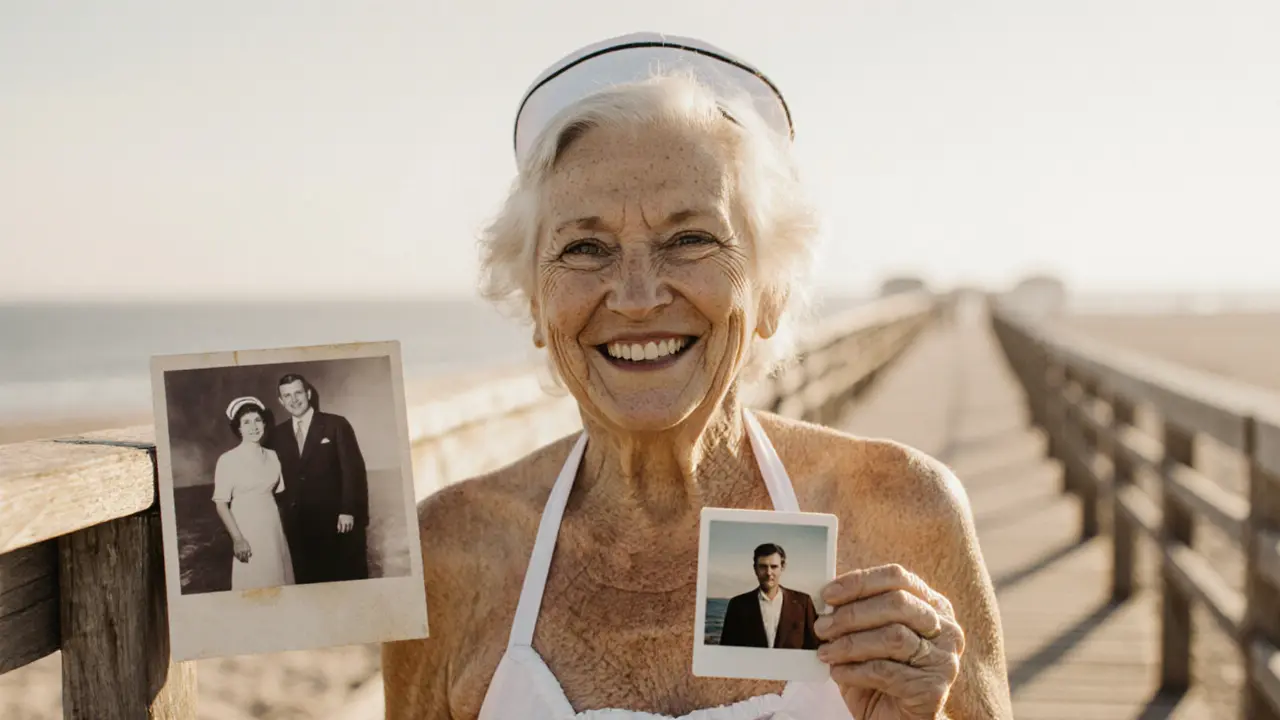 An older woman smiling in a vintage bikini, sunlight on her face, a photo of her late husband behind her.