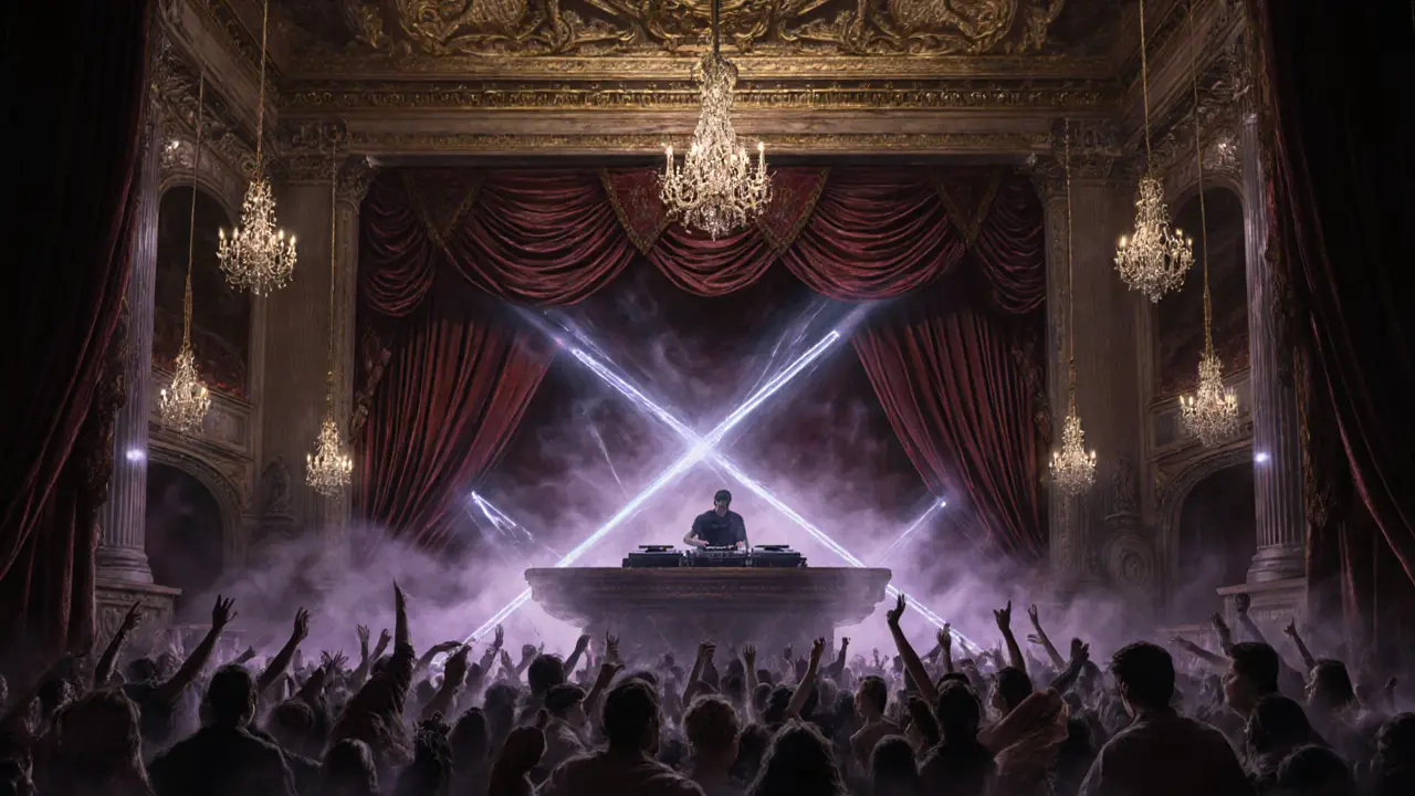 An ornate former theater turned techno club, lasers cutting through smoke as a crowd dances beneath chandeliers.