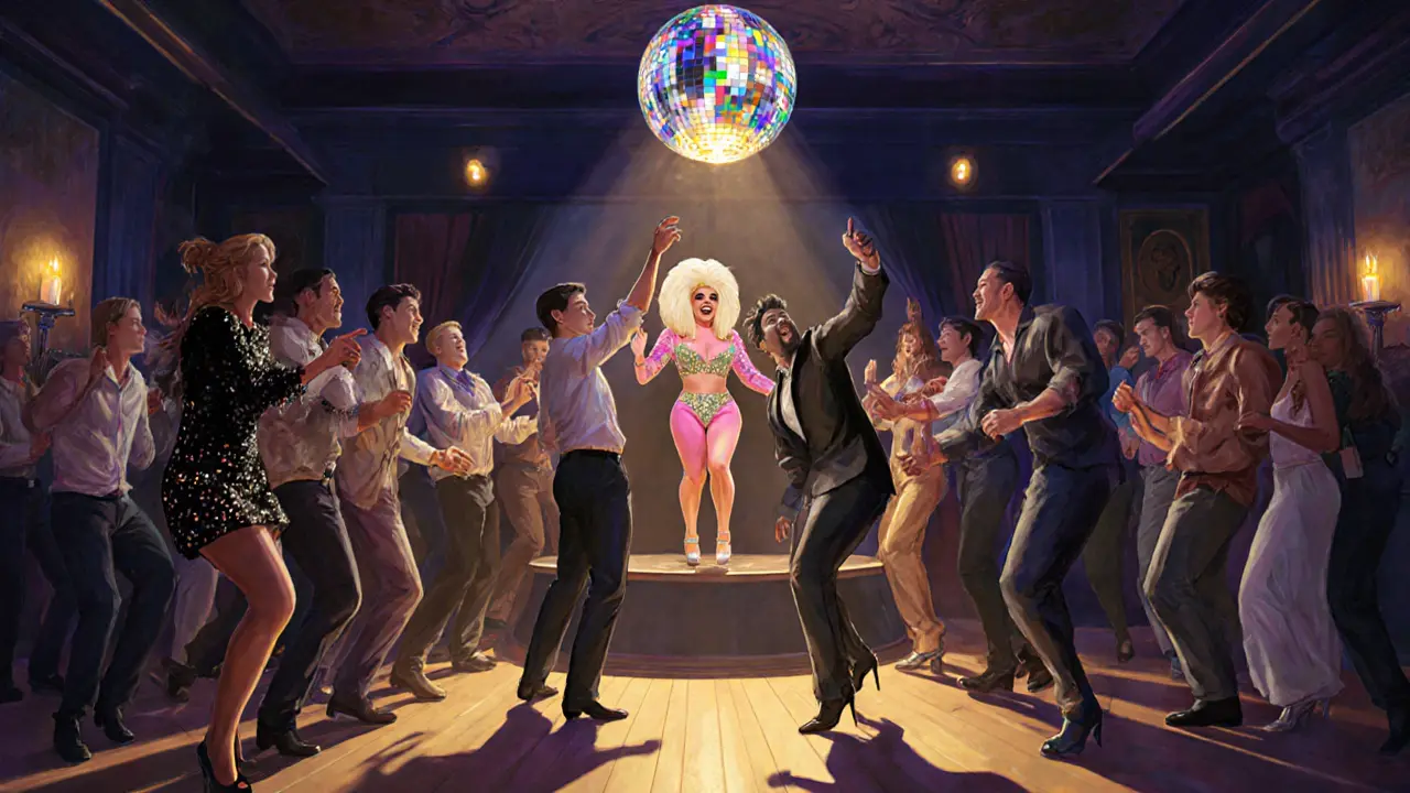 Candlelit gay club with disco ball reflections, people in glitter and sequins dancing joyfully.