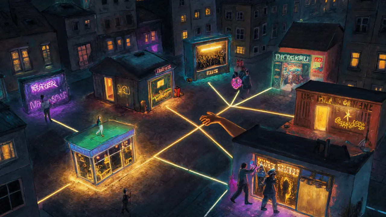 Conceptual map of Munich’s clubs as glowing nodes connected by light, symbolizing community and music-driven connection.