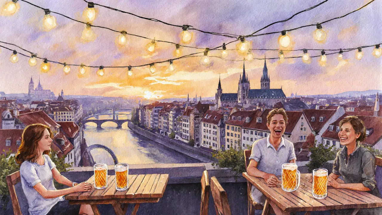 Cozy rooftop terrace with string lights and beer glasses, overlooking Munich&#039;s historic rooftops at dusk.