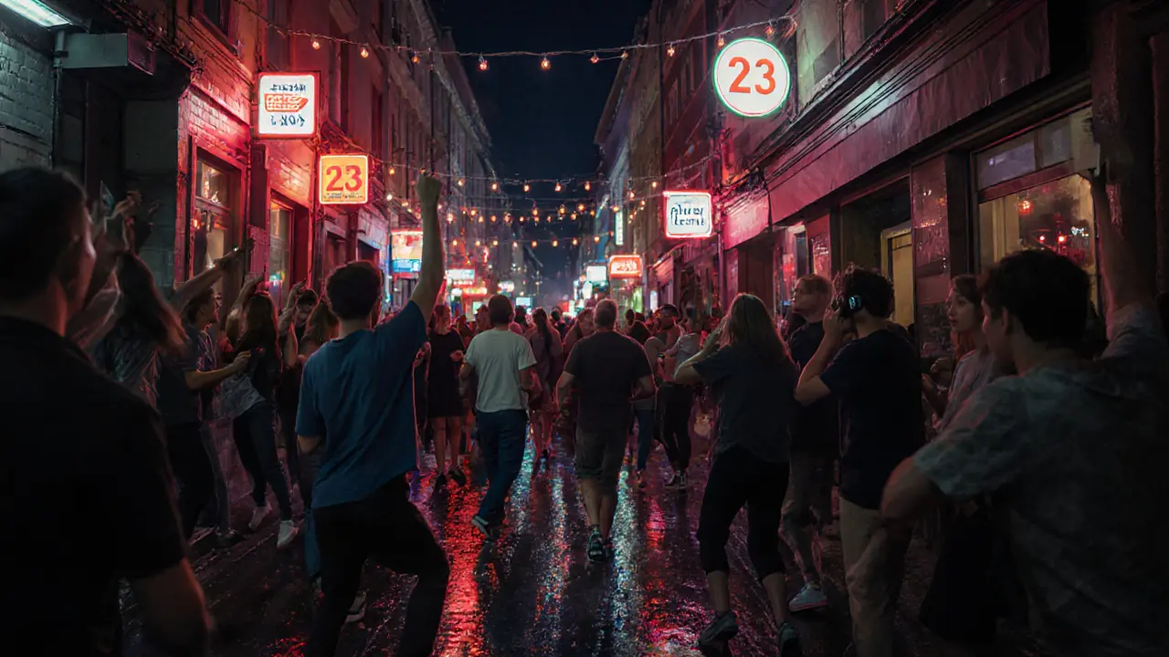 Crowd moving to deep house beats in a dim underground club with neon lights reflecting on wet floors.