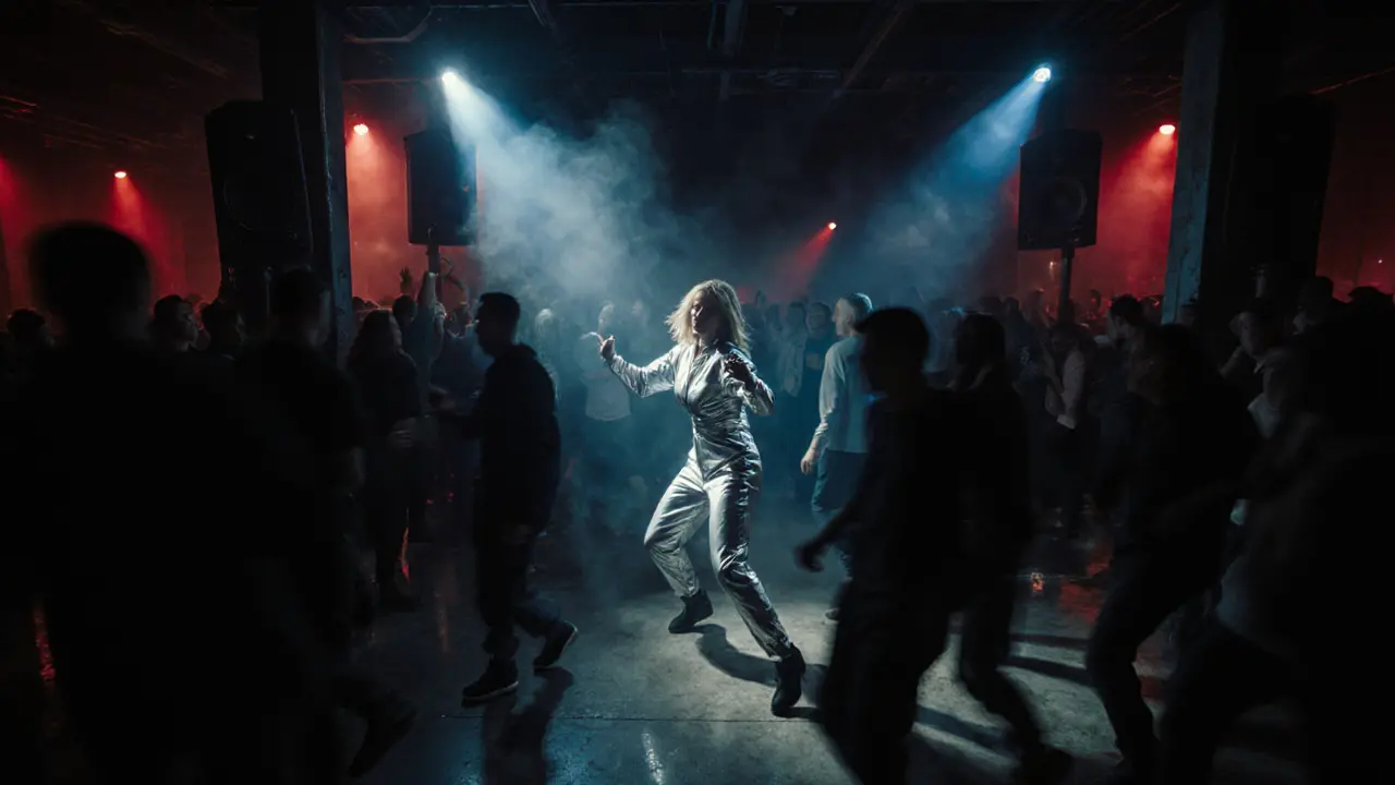 Dark underground techno club with strobe lights and silhouetted dancers in motion