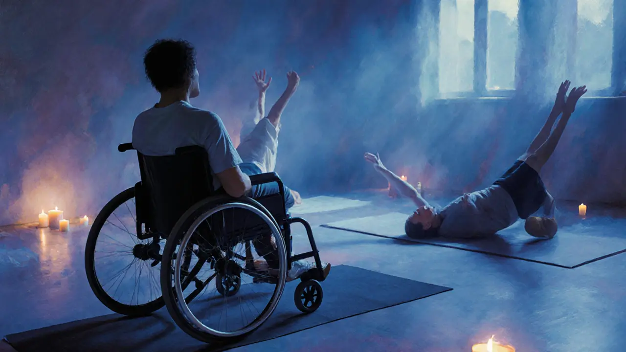 Diverse individuals moving freely in a studio, including someone in a wheelchair, all guided by calm music and candlelight.