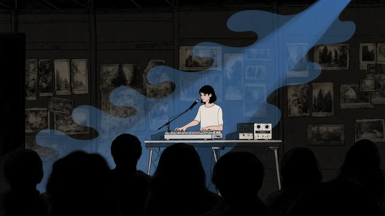 DJ Julia M performing with analog gear, forest photos on walls, cold blue light, immersed crowd