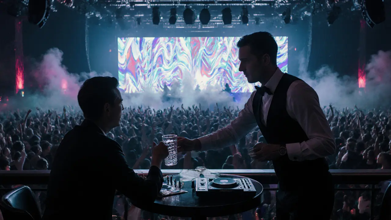 Elevated view of Pacha Munich&#039;s VIP area with a server delivering drinks as lasers and smoke fill the air above the crowd below.