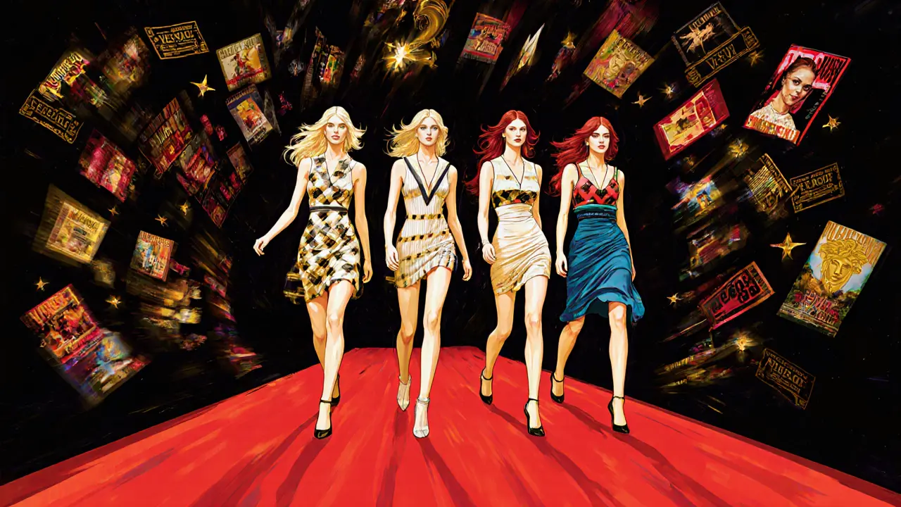 Five iconic 90s supermodels walk a neon runway in bold Versace dresses, surrounded by cultural icons of the era.