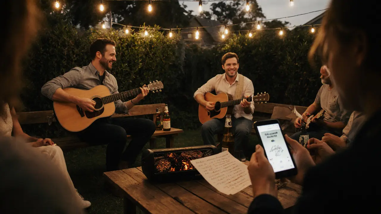 Friends at a backyard BBQ at twilight, acoustic music playing, groom receiving a handwritten letter.