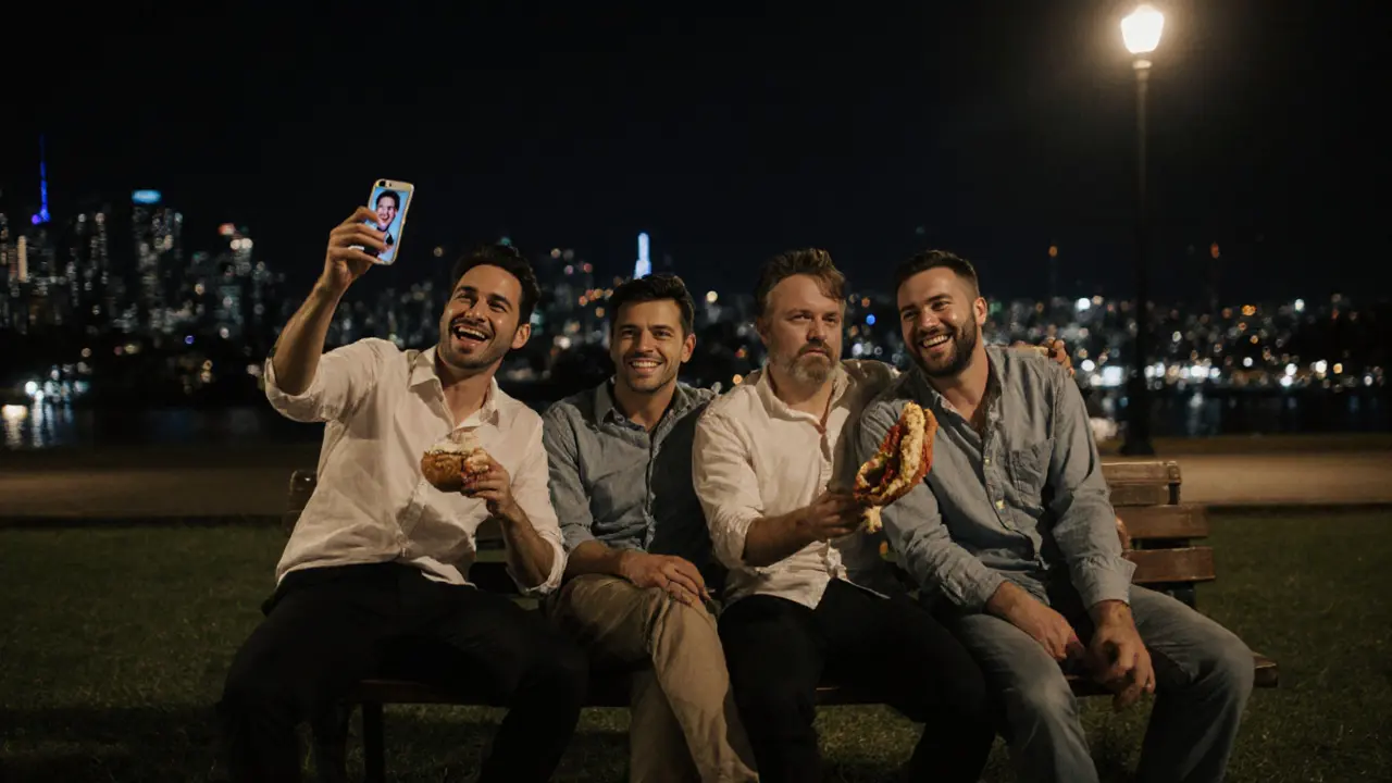 Friends sitting on a park bench at night sharing kebab, city lights behind them, quiet moment after a party.