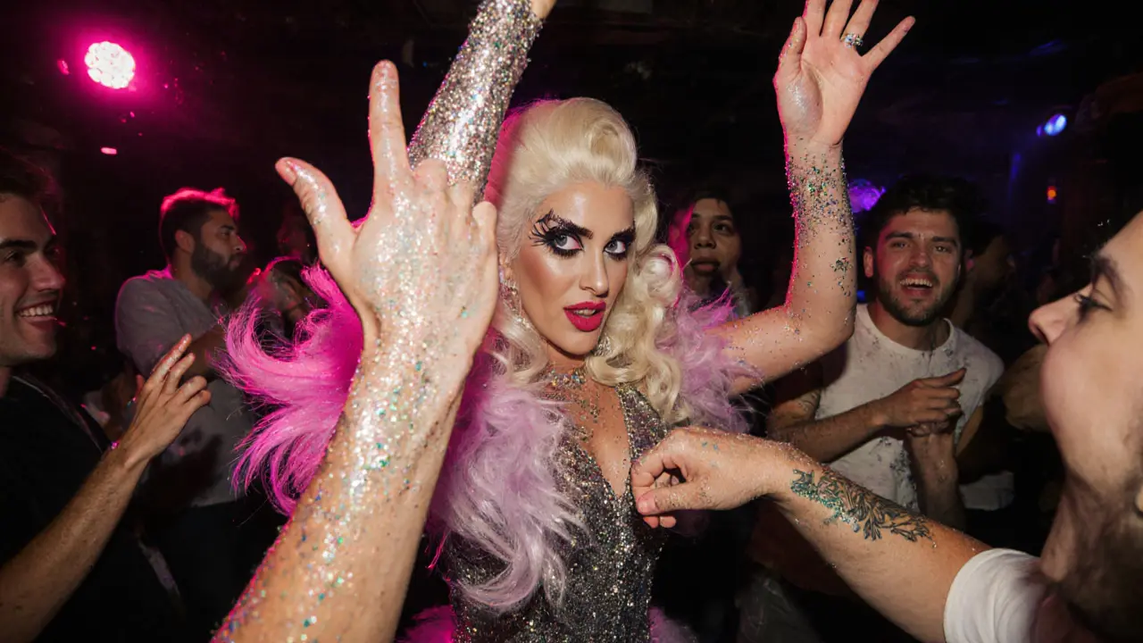 Glitter-covered queer rave in a basement with drag performer and dancing circle