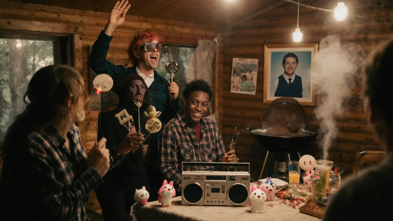 Group laughing in a 90s-themed cabin with retro decor, Tamagotchis, and a photo booth.