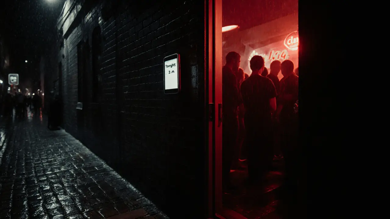 Hidden entrance to Club 404, red glow from within, rain-slicked alley, encrypted phone screen