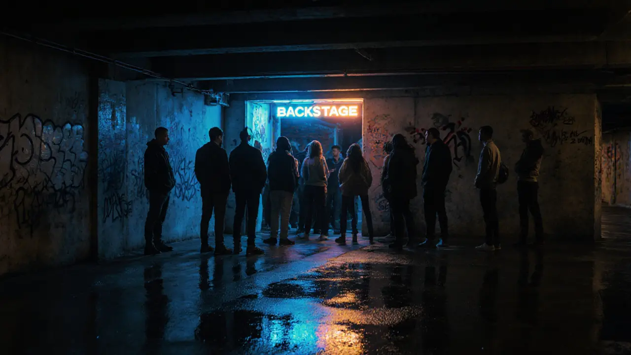 Hidden techno club entrance beneath a parking garage with a quiet line of people waiting.