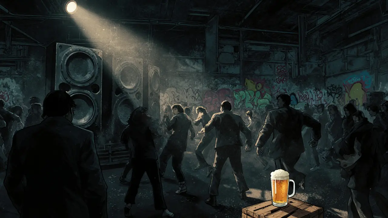 Industrial warehouse club with powerful sound system and patrons lost in techno, illuminated by a single beam of light.