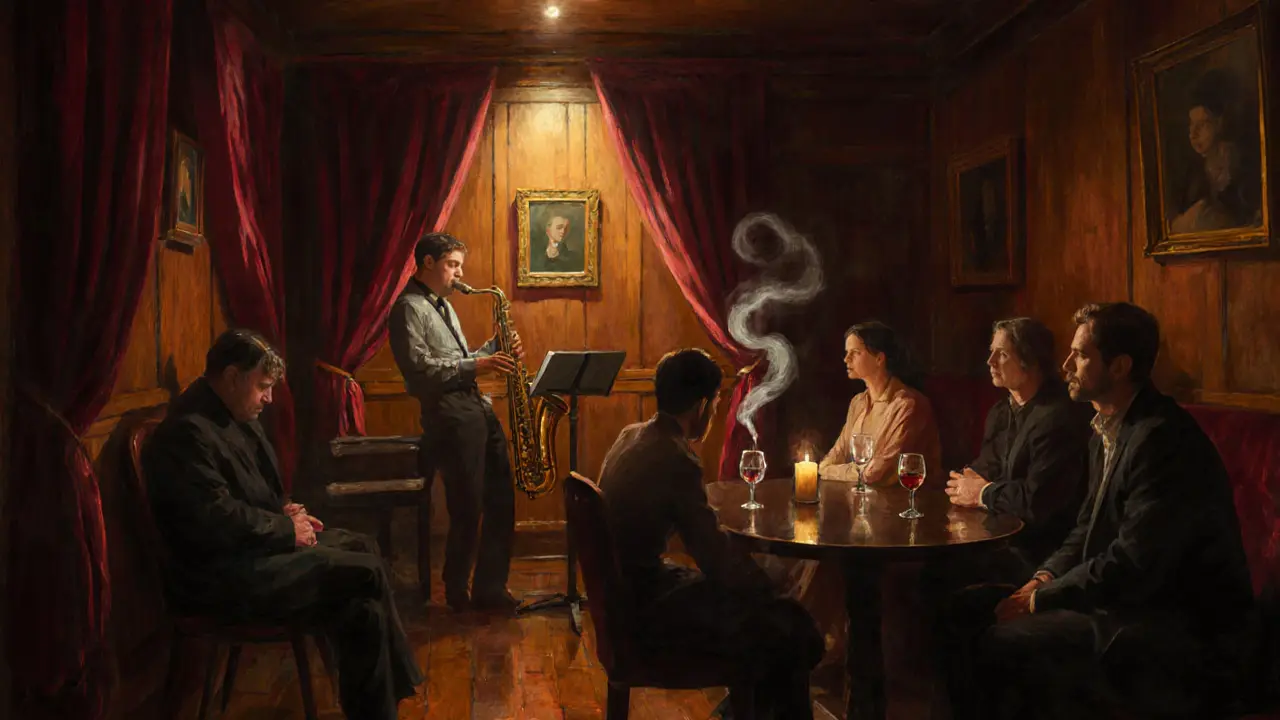 Intimate jazz performance in a dimly lit basement club with a saxophonist in spotlight.