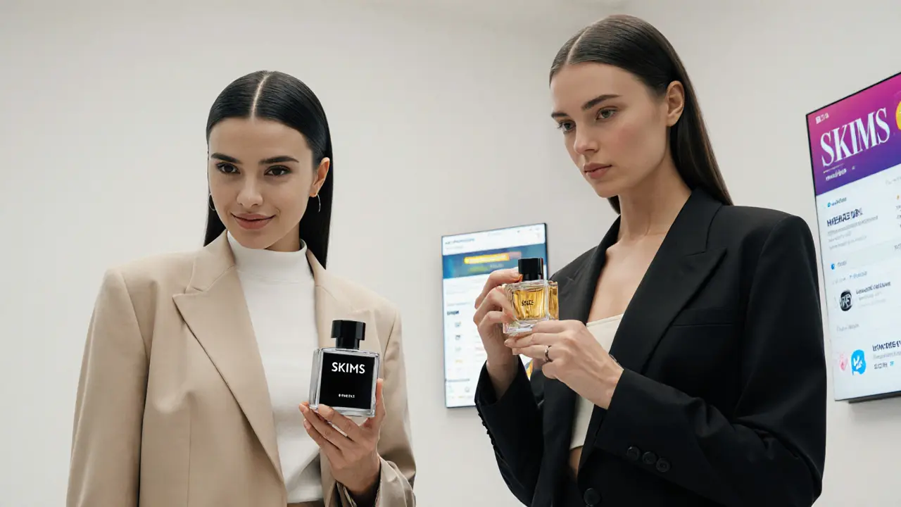 Kendall Jenner and Gigi Hadid in modern streetwear, holding beauty products in a minimalist studio.