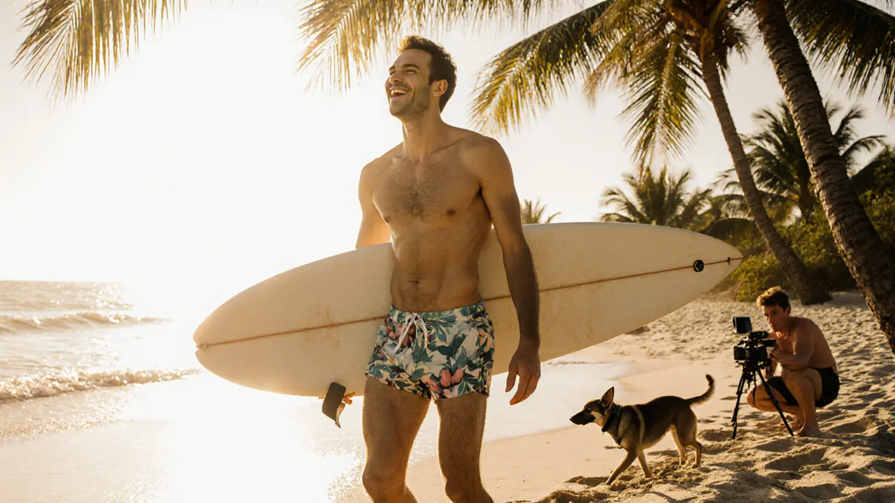 Male bikini model laughing on the beach with a surfboard, sunlight filtering through palm trees.