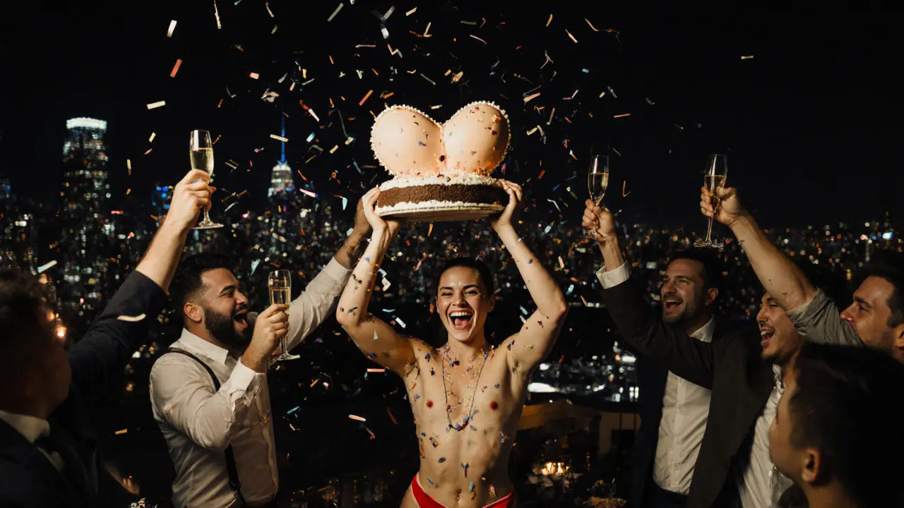 Men cheering at a rooftop bar as a stripper presents a cake shaped like a penis, Sydney skyline glowing in the background.