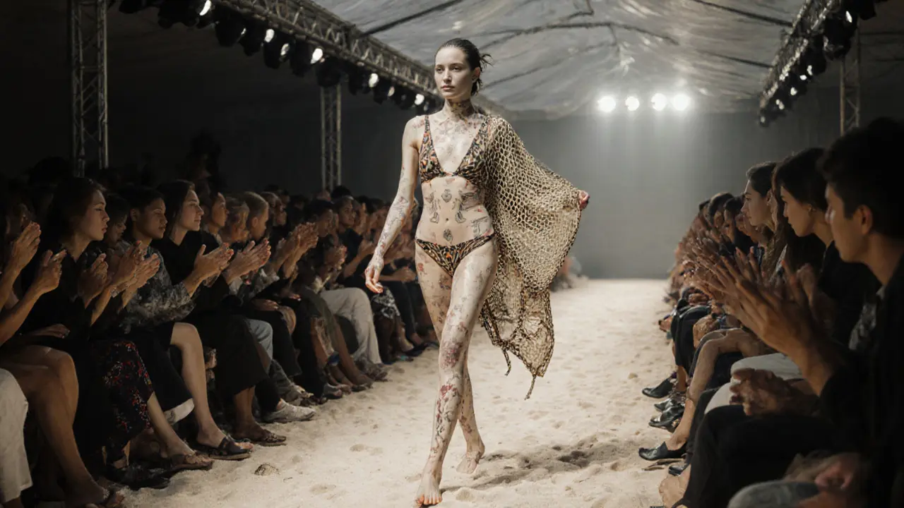 Model with vitiligo walking a fashion runway in upcycled ocean-plastic swimsuit, audience standing and cheering.