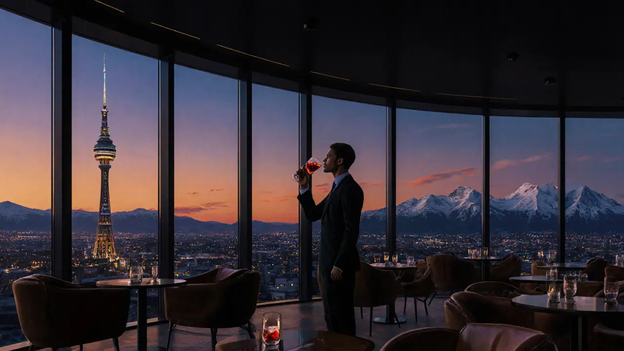 Modern rooftop bar with panoramic city views, guest sipping a dark cocktail as twilight settles over Munich.