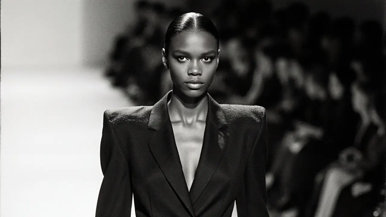 Naomi Campbell walking powerfully down a runway in black-and-white 90s editorial style.