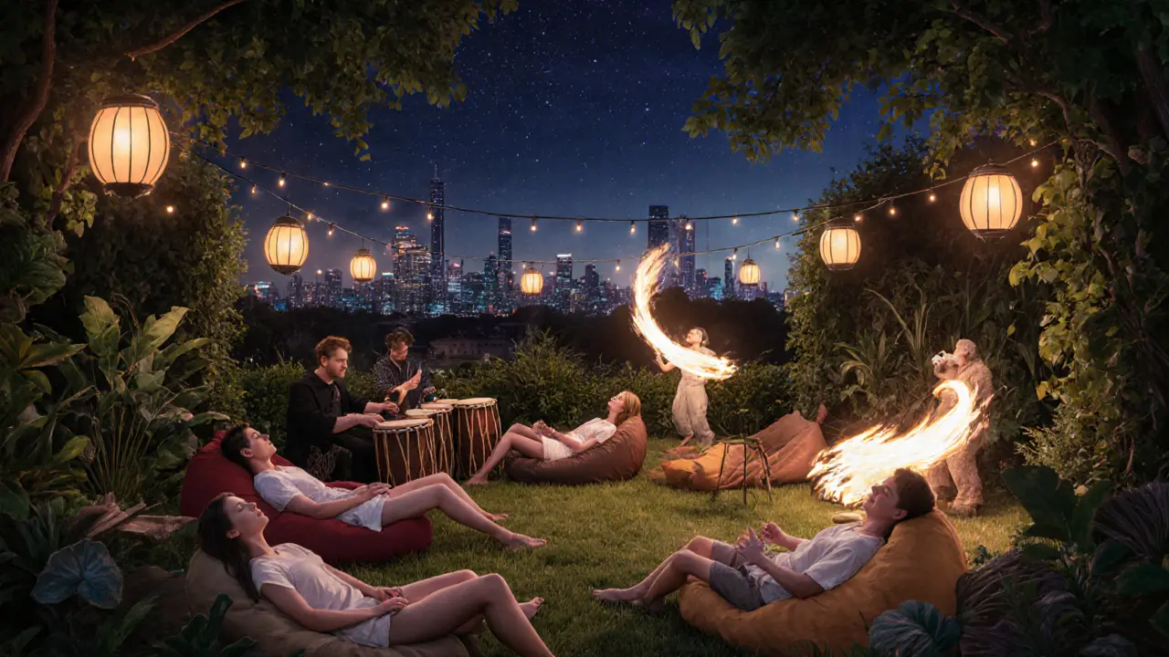 Open-air garden at Pacha Munich with lanterns, starry sky, and people lying on beanbags as fire dancers glow nearby.