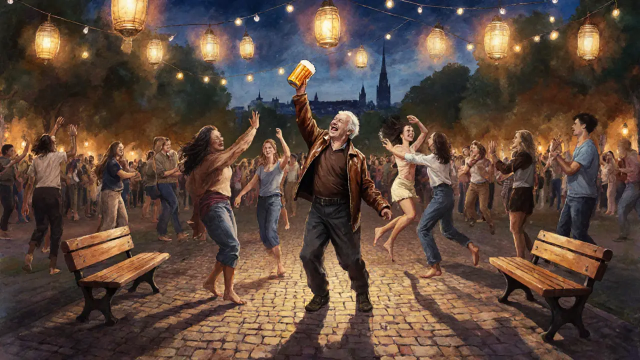 People dancing barefoot in an old beer garden at night under string lights, laughing and celebrating together.