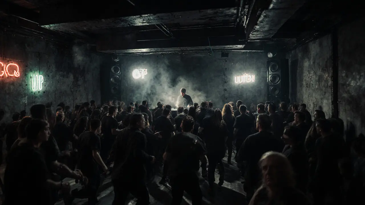 People dancing in a dark underground techno club with massive speaker walls and concrete floors, immersed in music.
