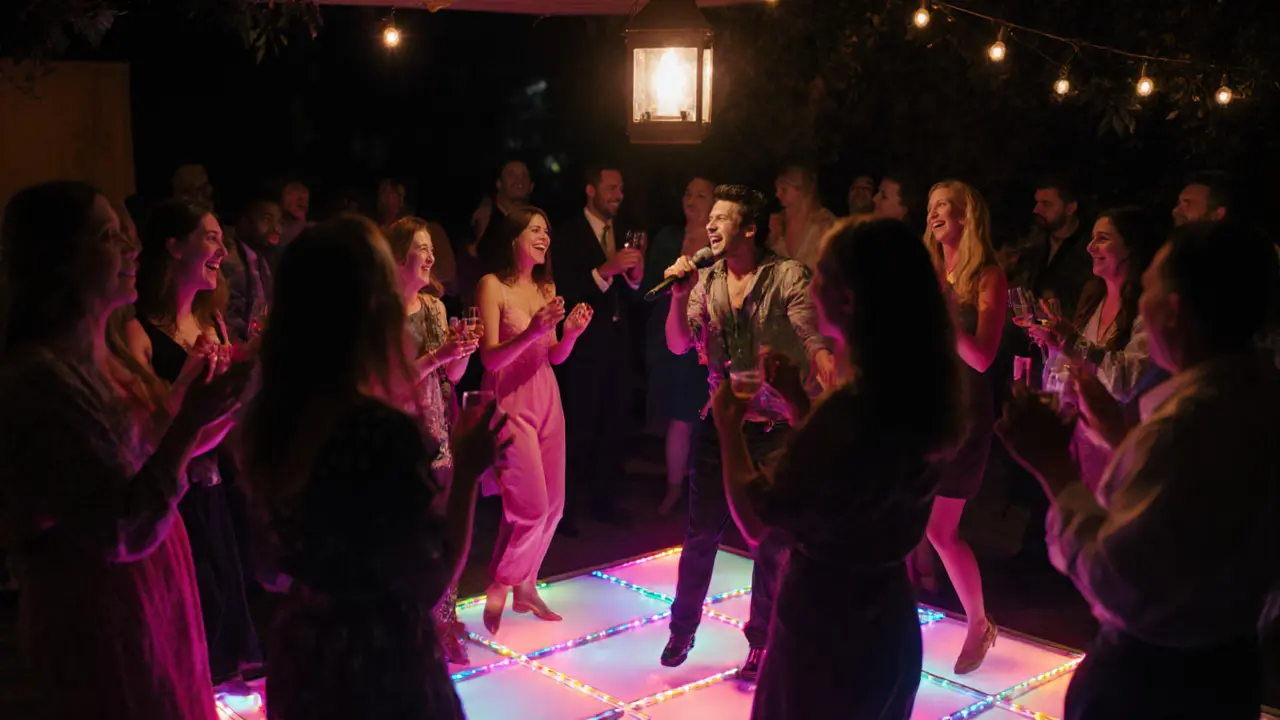 People dancing joyfully under colorful LED lights at a lively party