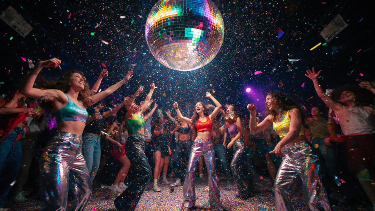 People dancing under glitter and disco lights at a 2000s pop party with vibrant outfits.