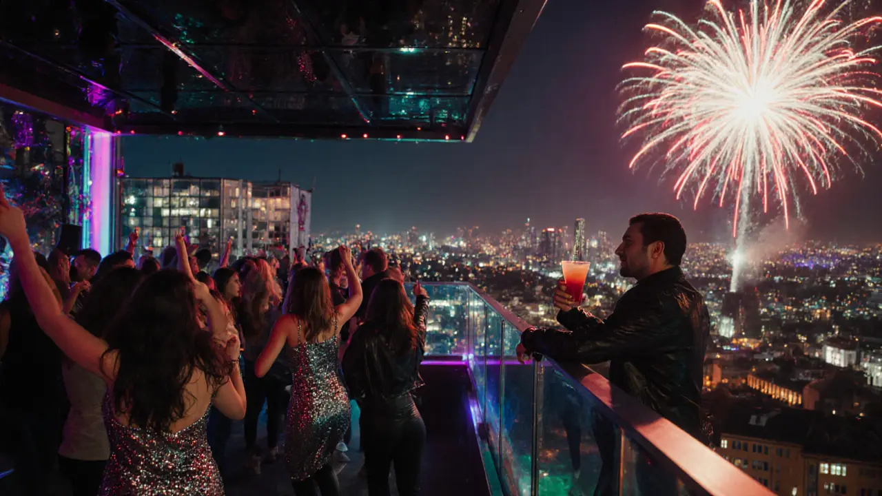 People partying on a neon-lit rooftop club with views of Munich’s city lights.