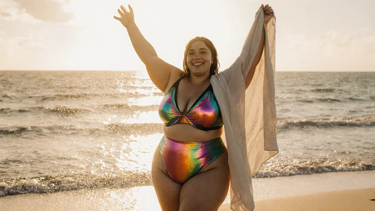 Plus-size model in color-blocked one-piece on Miami beach, arms raised, sea spray catching golden light.