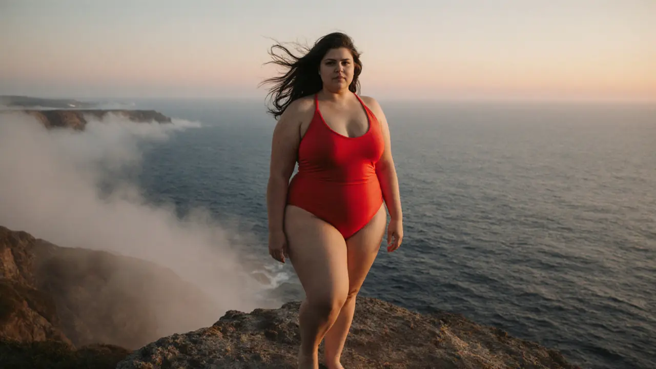 Plus-size model standing confidently on a coastal cliff at dawn, wind blowing her hair.