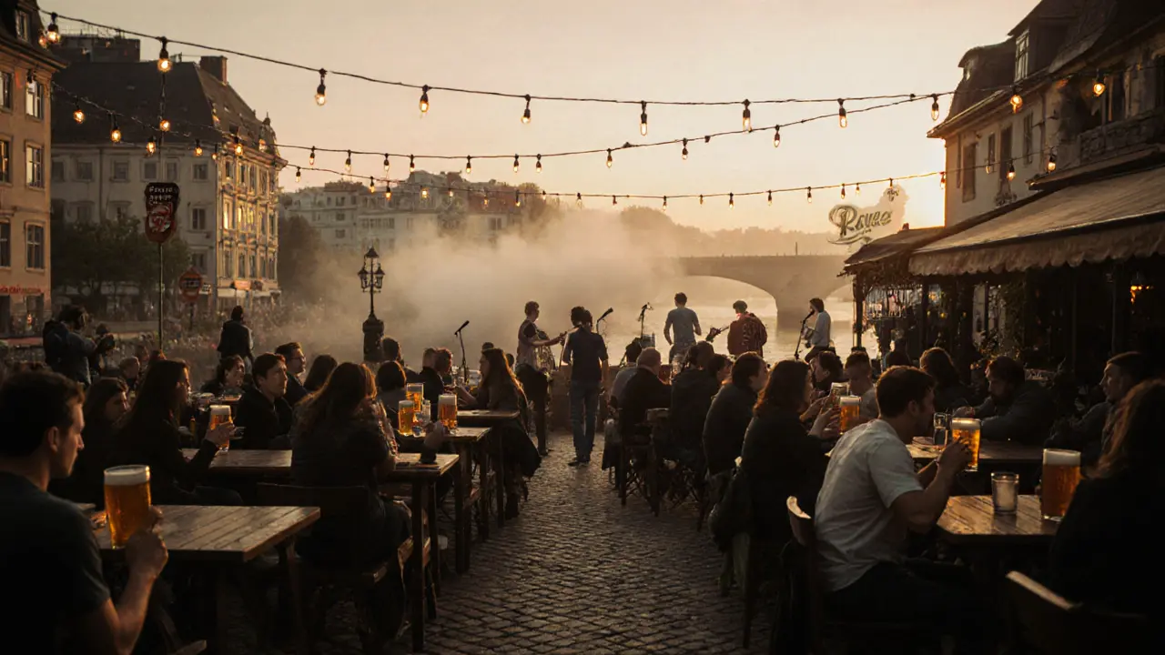 Prater Garten at dusk: beer drinkers and live band crowd under string lights near a river.