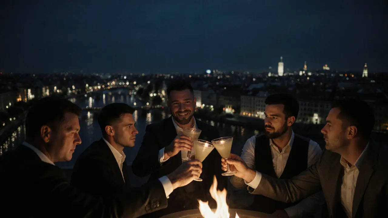 Quiet rooftop gathering at night with friends toasting cocktails by a firepit, city lights glowing in the distance.